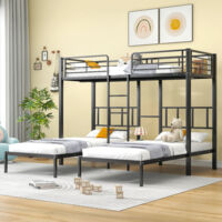 Strutture letto a castello 90x200cm, letti per bambini triplo, 3 posizioni, metallo, senza materasso, nero