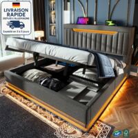 MODFU - Letto contenitore per adulti 140×200cm, LED, testiera con contenitore, porte USB e Type-C, base imbottita, senza materasso, lino, grigio
