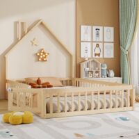 Lit cabane enfant 140x200 cm avec sommier à lattes, barrière de sécurité, design cheminée, pin naturel