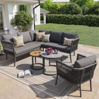 Set di mobili da giardino modulari grigi da 6 pezzi, divani e poltrone con cuscini da 8 cm, 2 tavoli, struttura in metallo