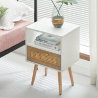 Comodino 40x30x55 cm con cassetto, frontale effetto rattan, gambe in legno massello, bianco/naturale