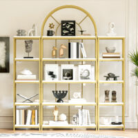 Libreria modulare 163x30x184 cm, ripiano a 3 elementi con arco, struttura stabile, MDF bianco e acciaio color oro