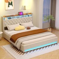Letto contenitore imbottito 180x200 cm con luce LED, presa elettrica e porta USB, velluto, beige, senza materasso