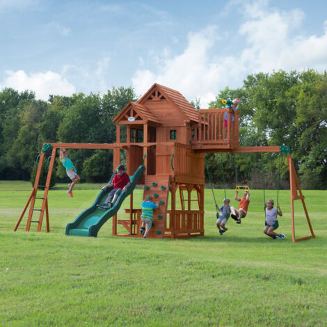 Backyard Discovery Skyfort II Wooden Climbing Frame with 2 x Swings, Trapeze and 1 x Slide (1/5)