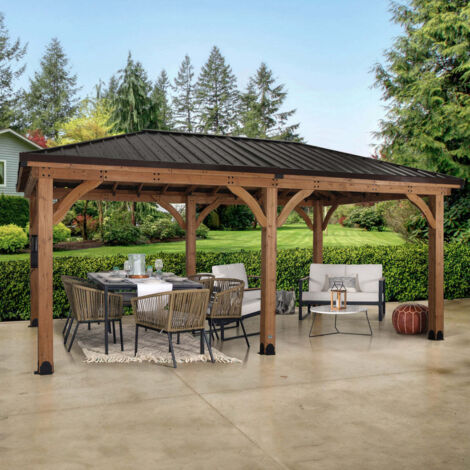 Backyard Discovery Barrington 6.1m x 3.7m Cedar Wood Outdoor Patio Gazebo with Hardtop Galvanised Steel Hip Roof and PowerPort 6.1m x 3.7m (20ft x 12ft)