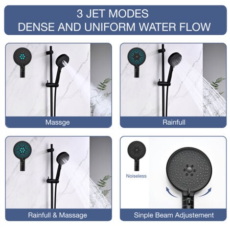 DETBOM Thermostat-Duschsäule Schwarzer Duschmischer mit 3 Düsen Handbrause und Duschstange Modernes Duschset