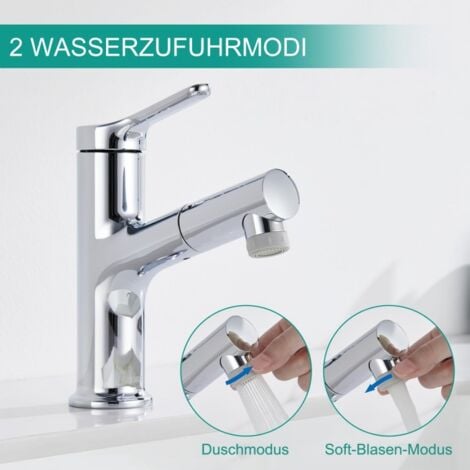 DETBOM Wasserhahn Bad mit Ausziehbar Brause Armatur Badezimmer mit 2 Strahlarten Einhebelmischer Waschbecken Warm Kalt Mischbatterie Bad Waschbeckenarmatur Chrom