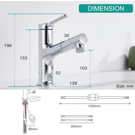 DETBOM Wasserhahn Bad mit Ausziehbar Brause Armatur Badezimmer mit 2 Strahlarten Einhebelmischer Waschbecken Warm Kalt Mischbatterie Bad Waschbeckenarmatur Chrom