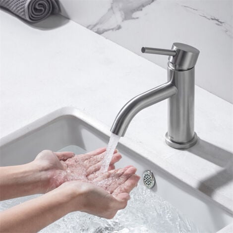 DETBOM Wasserhahn Bad Einhebelmischer Waschbecken Warm und Kaltwasserhähne Badezimmer Waschtischarmatur aus Edelstahl Klassischer Gebürsteter Waschtischhahn