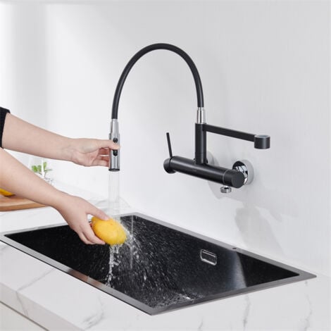 DETBOM Miscelatore da Cucina a Parete Nero Rubinetto da Cucina con 3 Getti Miscelatore per Lavello con Tubi estraibili Rubinetto Girevole a 360° in Acciaio Inossidabile