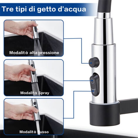 DETBOM Miscelatore da Cucina a Parete Nero Rubinetto da Cucina con 3 Getti Miscelatore per Lavello con Tubi estraibili Rubinetto Girevole a 360° in Acciaio Inossidabile