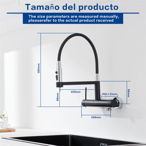 DETBOM Miscelatore da Cucina a Parete Nero Rubinetto da Cucina con 3 Getti Miscelatore per Lavello con Tubi estraibili Rubinetto Girevole a 360° in Acciaio Inossidabile