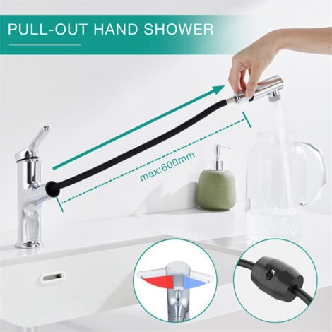 DETBOM Grifo de Baño  con Ducha Extraíble Grifo Mezclador para Lavabo con 2 Chorros Grifo Mezclador Cromado para Baño