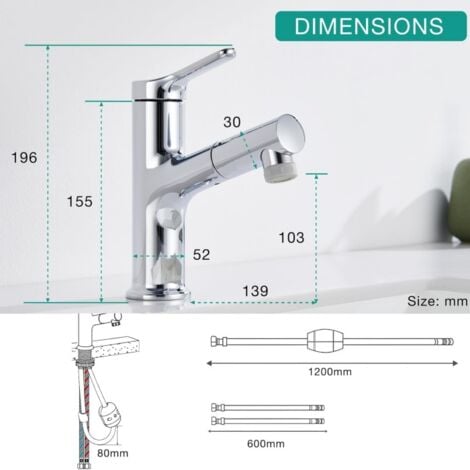 DETBOM Grifo de Baño  con Ducha Extraíble Grifo Mezclador para Lavabo con 2 Chorros Grifo Mezclador Cromado para Baño