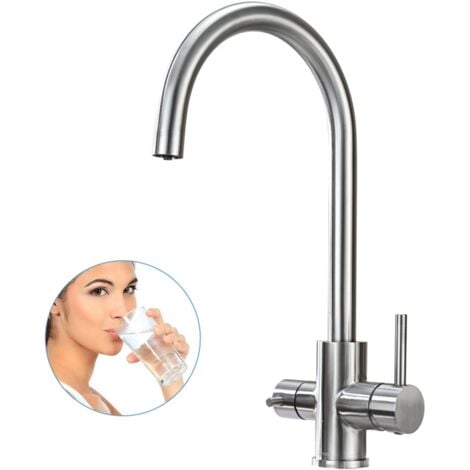 DETBOM Grifo de Cocina de 3 Vías Grifo Mezclador de Cocina de Acero Inoxidable Grifo de Fregadero Giratorio de 360° Grifo Mezclador de Fregadero de Cocina Agua Potable Fría y Caliente Cepillada