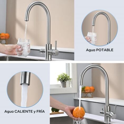 DETBOM Grifo de Cocina de 3 Vías Grifo Mezclador de Cocina de Acero Inoxidable Grifo de Fregadero Giratorio de 360° Grifo Mezclador de Fregadero de Cocina Agua Potable Fría y Caliente Cepillada