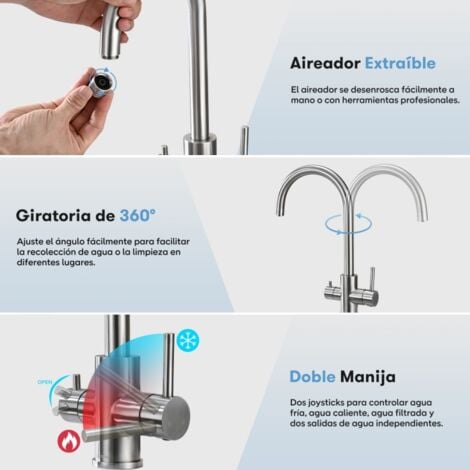 DETBOM Grifo de Cocina de 3 Vías Grifo Mezclador de Cocina de Acero Inoxidable Grifo de Fregadero Giratorio de 360° Grifo Mezclador de Fregadero de Cocina Agua Potable Fría y Caliente Cepillada