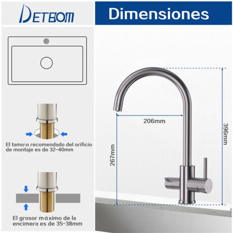 DETBOM Grifo de Cocina de 3 Vías Grifo Mezclador de Cocina de Acero Inoxidable Grifo de Fregadero Giratorio de 360° Grifo Mezclador de Fregadero de Cocina Agua Potable Fría y Caliente Cepillada