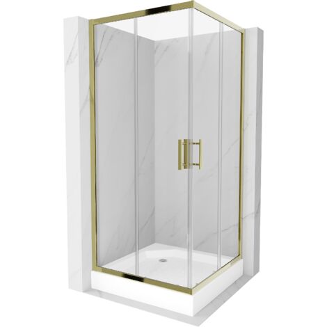 Mexen Rio quadratische Duschkabine 90 x 90 cm, Transparent, Gold + Duschwanne Rio, Weiß - 860-090-09