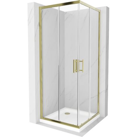 Mexen Rio quadratische Duschkabine 90 x 90 cm, Transparent, Gold + Duschwanne Flat, Weiß - 860-090-0