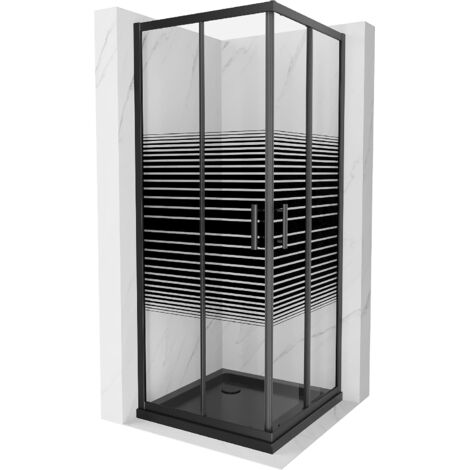 Mexen Rio quadratische Duschkabine 90 x 90 cm, Gestreift, Schwarz + Duschwanne Flat, Schwarz - 860-0