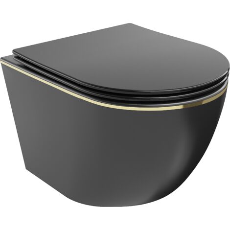 Mexen Lena WC-Schüssel Randlos mit slim Sitz und Absenk-Automatik, duroplast, Schwarz matt/gold lini