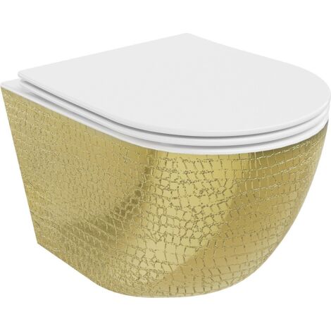 Mexen Lena WC-Schüssel Randlos mit slim Sitz und Absenk-Automatik, duroplast, Weiß/gold Schuppenmust