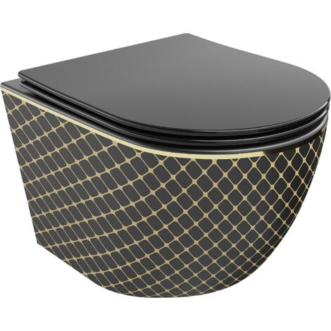 Mexen Lena WC-Schüssel Randlos mit slim Sitz und Absenk-Automatik, duroplast, Schwarz/gold Gittermus