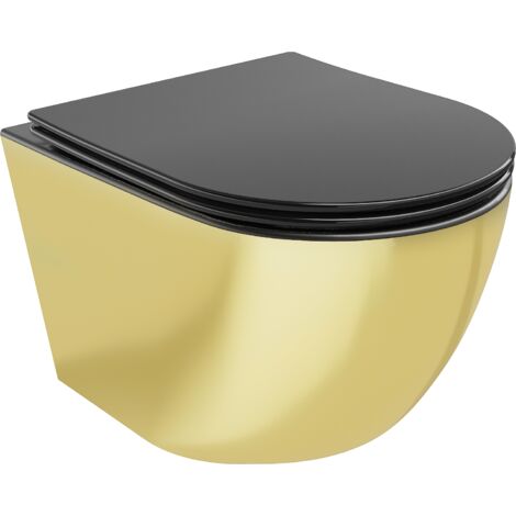 Mexen Lena WC-Schüssel Randlos mit slim Sitz und Absenk-Automatik, duroplast, Schwarz matt/gold - 30