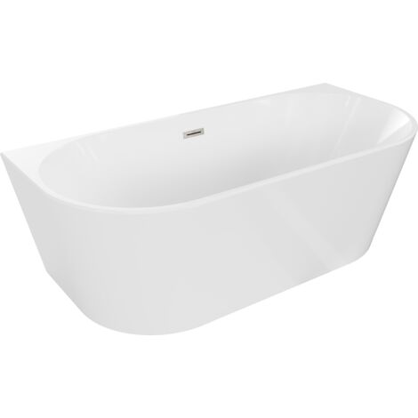 Mexen Oval freistehende Wandbadewanne 150 x 75 cm, weiß, Überlauf aus gebürstetem Nickel - 526715075