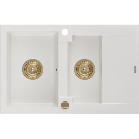 Mexen Gaspar 1,5-Becken-Granitspüle mit Abtropffläche 737 x 475 mm, Weiß, Siphon Gold - 6507731505-2