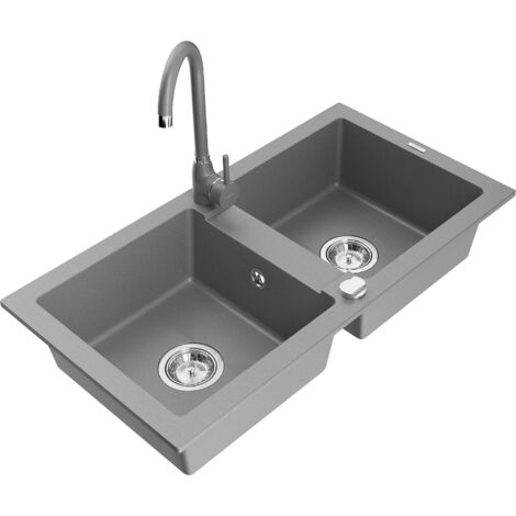 Mexen Mario 2-Becken-Granitspüle mit Mischbatterie Telma, Grau - 6504-71-670200-71