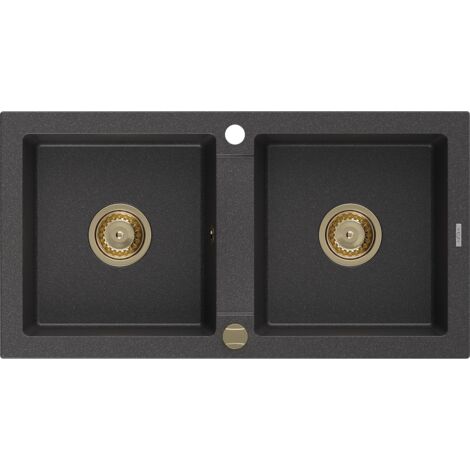 Mexen Mario 2-Becken-Granit-Spülbecken 820 x 436 mm, Schwarz gesprenkelt, Siphon Gold - 6504822000-7
