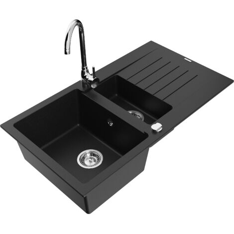 Mexen Matias 1,5-Becken-Granitspüle mit Abtropffläche und Mischbatterie Telma, Schwarz - 6502-77-670