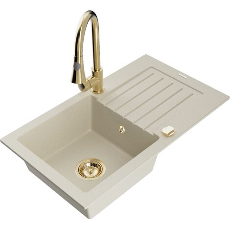 Mexen Pablo 1 Becken-Granitspüle mit Abtropffläche und Mischbatterie Elia, Beige - 6510-69-670101-50