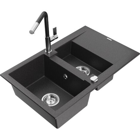 Mexen Gaspar 1,5-Becken-Granitspüle mit Abtropffläche und Mischbatterie Flora, Schwarz gesprenkelt -