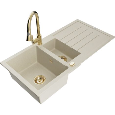 Mexen Andres 1,5-Becken-Granitspüle mit Abtropffläche und Mischbatterie Elia, Beige - 6515-69-670101