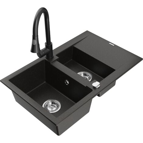Mexen Gaspar 1,5-Becken-Granitspüle mit Abtropffläche und Mischbatterie Elia, Schwarz/Gold metallisc