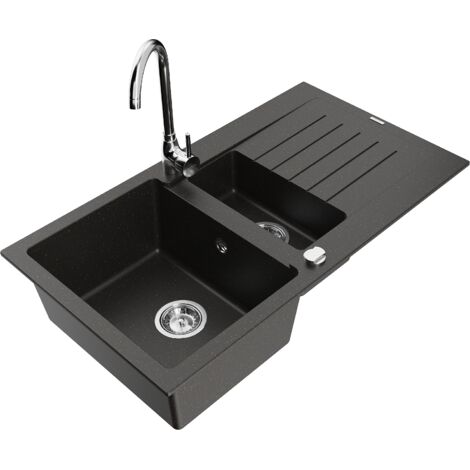 Mexen Matias 1,5-Becken-Granitspüle mit Abtropffläche und Mischbatterie Telma, Schwarz/Gold - 6502-7
