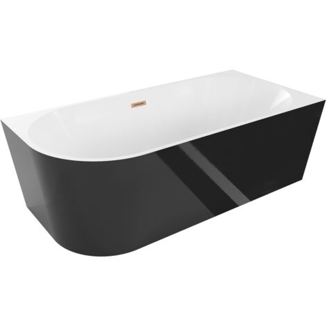 Mexen Mia freistehende Eckbadewanne rechts 140 x 75 cm, weiß/schwarz, Abfluss gebürstetes Kupfer - 52691407575P-65
