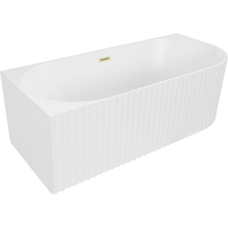 Mexen Gia freistehende Eckbadewanne gerillt links 150 x 75 cm, weiß matt, Überlauf gold gebürstet - 52701507501L-55