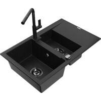Mexen Gaspar 1,5-Becken-Granitspüle mit Abtropffläche und Mischbatterie Flora, Schwarz - 6507-77-670