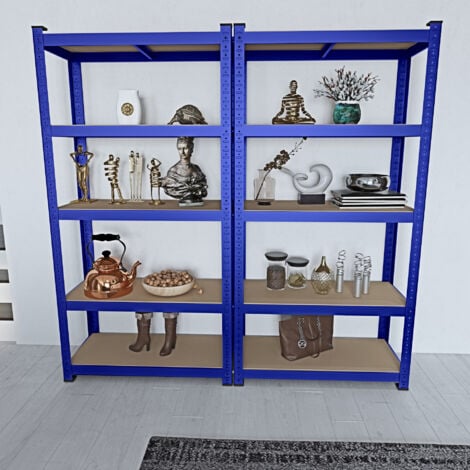 2 Scaffali In Metallo E MDF Scaffale Ad Alta Portata Fino a 875 kg Con 5 Ripiani Regolabili Ideale Per Garage Officina Cantina Capannone Magazzino Design Modulare 180 x 90 x 40 cm (Blu)