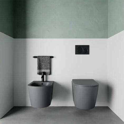 Paire de sanitaires suspendus en céramique sans rebord gris mat avec WC, bidet et couvercles Soft-close Mod. Vienna (1/5)