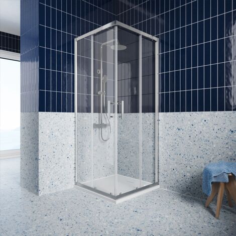 Paroi de douche d'angle coulissante 90x90 cm Profilés en aluminium chromé Verre transparent de 6mm avec traitement anti-calcaire h190 - Réversible Mod. Tenerife (1/5)