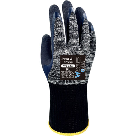 Wonder Grip WG-333 Rock & Stone - Guanto da lavoro con doppio rivestimento in lattice guanti a prova di taglio, freddo e calore per una presa sicura L / 09, Grigio e nero