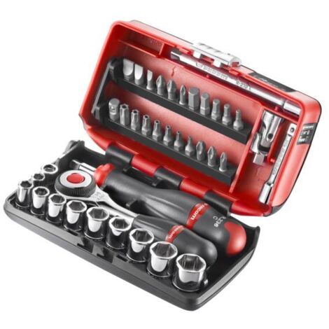 Facom – Coffret de 38 douilles cliquet nano 1/4" avec poignée rotative – 10 douilles 6 pans – Embouts haute performance – Pour vis à tête fraisée (1/2)