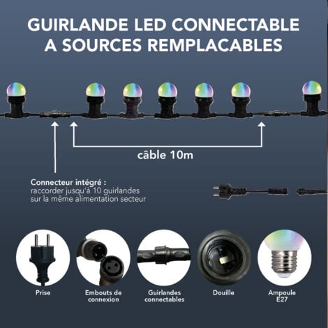 Guirlande Guinguette LED 10m, 10 ampoules RVB remplaçables, E27, 150W, 50 lumens, IP65, connectable - Tibelec
