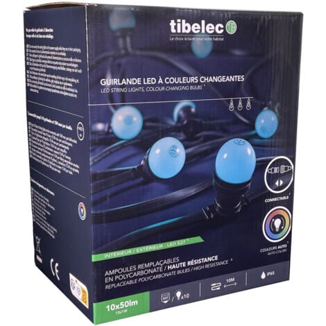 Guirlande Guinguette LED 10m, 10 ampoules RVB remplaçables, E27, 150W, 50 lumens, IP65, connectable - Tibelec