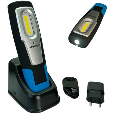 Tibelec – Baladeuse de chantier LED rechargeable 6W – 600 lumens – IP54 – Crochet aimanté – Mode torche – Garantie 3 ans